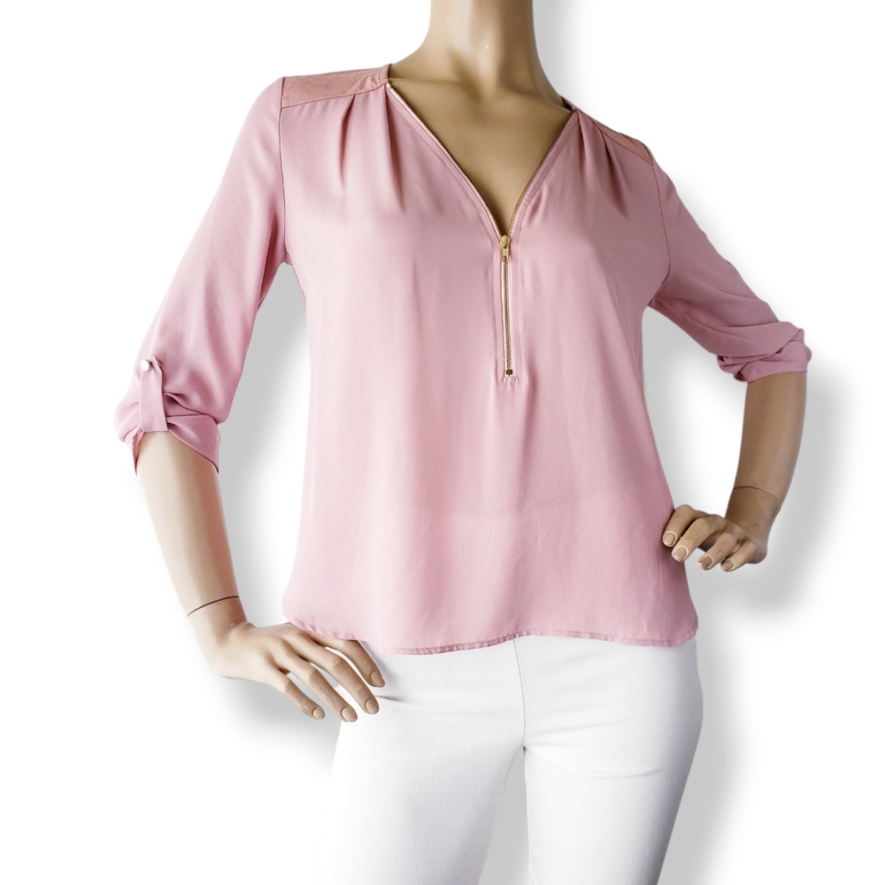 Pink Front Zip Semi-Sheer Faux Suede Blouse Size Small by Mocking Jay-Sample